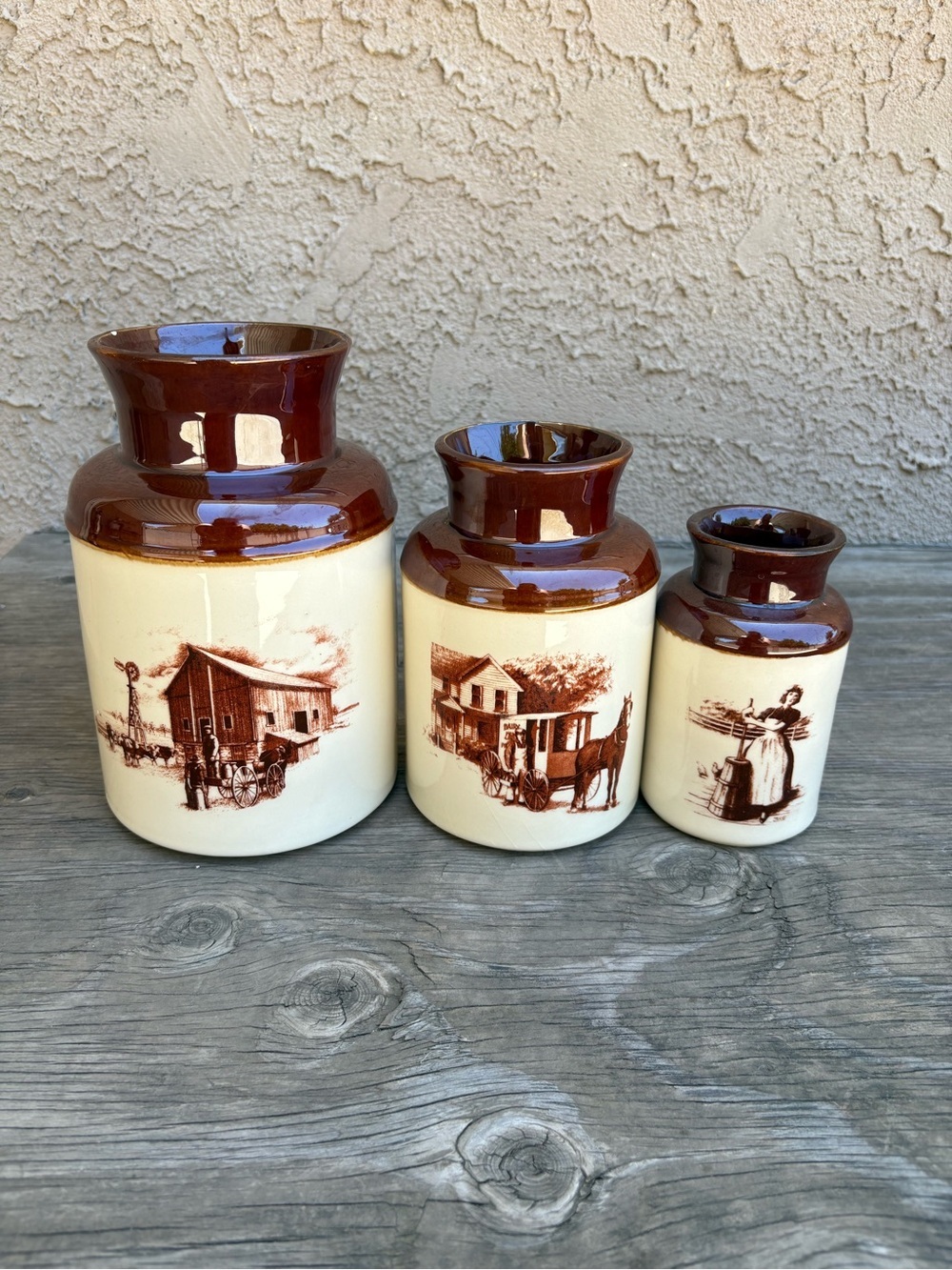 Vintage McCoy Pottery Canister Set Primitive Colonial Farmhouse Scene No Lids - Picture 2 of 12
